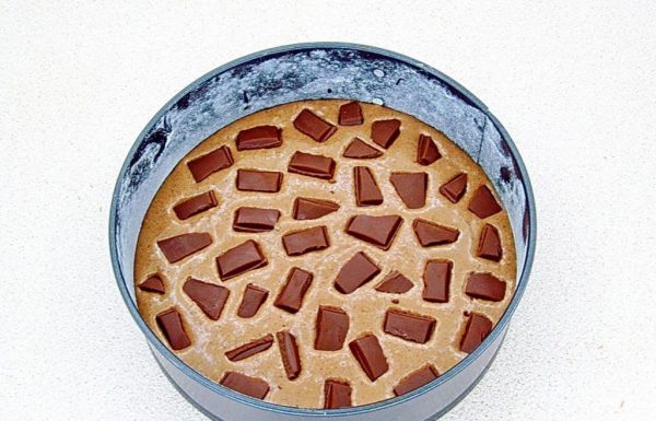 Тесто с кусочками шоколада в круглой форме для выпекания