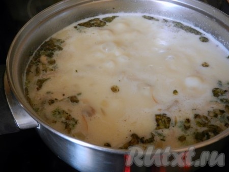 Добавить в сырный суп специи, если нужно, досолить. Довести до кипения и убрать с огня.
