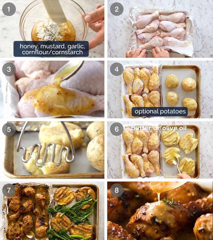How to make Honey Mustard Baked Chicken Legs with Crispy Smashed Potatoes