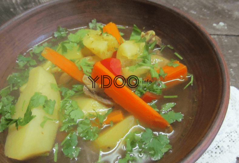 бульон, мясо баранины, крупные дольки картофеля, моркови а также зелень в глубокой глиняной тарелке на столе